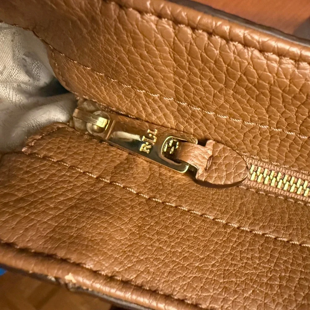 Ralph Lauren woven straw gold faux leather tote bag purse classic summer resort